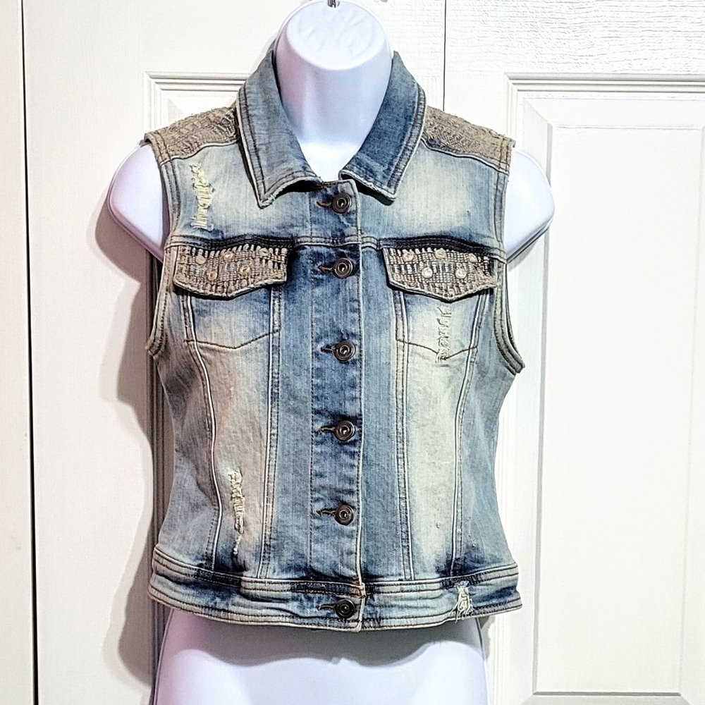 BKE Embellished Denim Jean Vest Distressed Wash